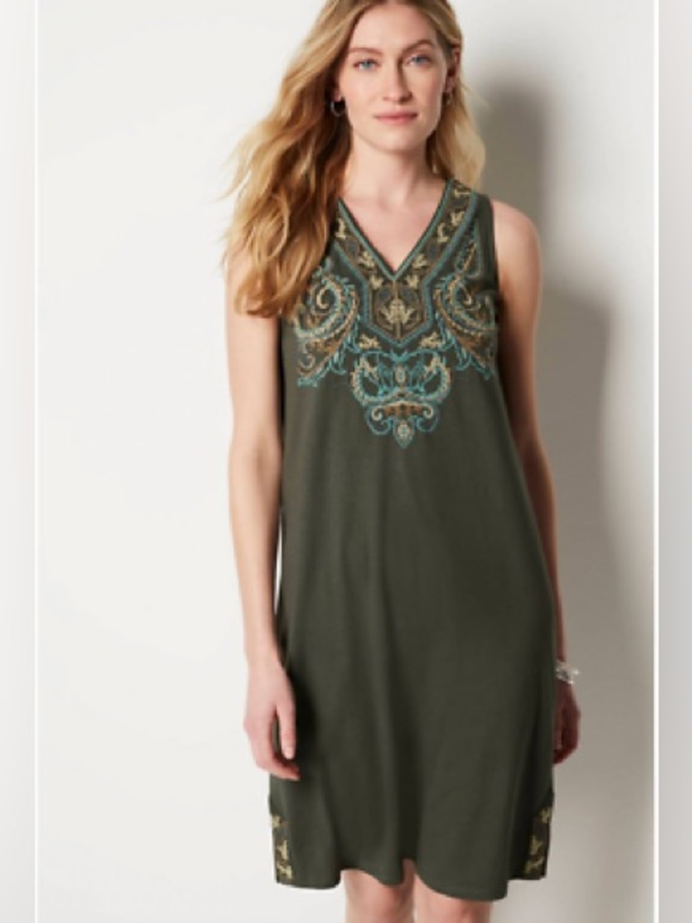 J. Jill Embroidered Jersey Tank Dress Women’s Size L Midi Shift Tribal Boho